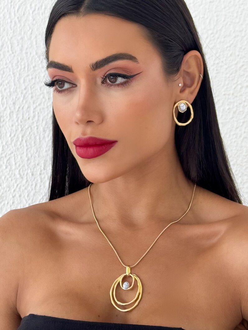 Conjunto Colar e Brinco Folheado a Ouro 18k e Prata Jade