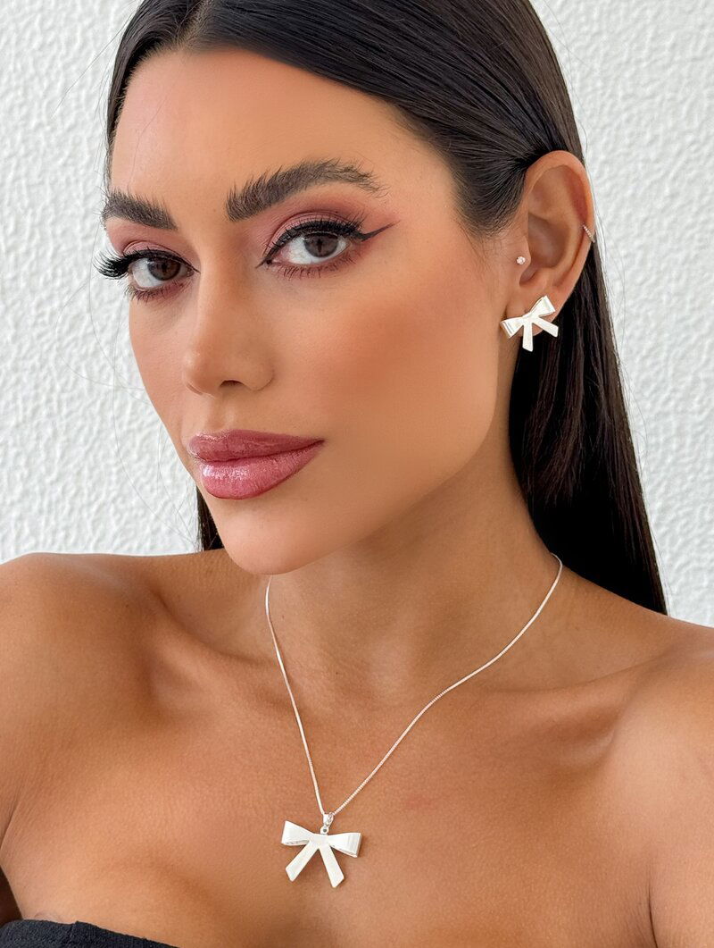 Conjunto Colar e Brinco Folheado a Ouro 18k e Prata Laço Liso
