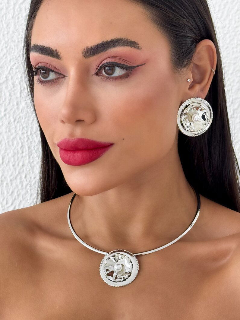 Conjunto Colar e Brinco Folheado a Ouro 18k e Prata Martelado