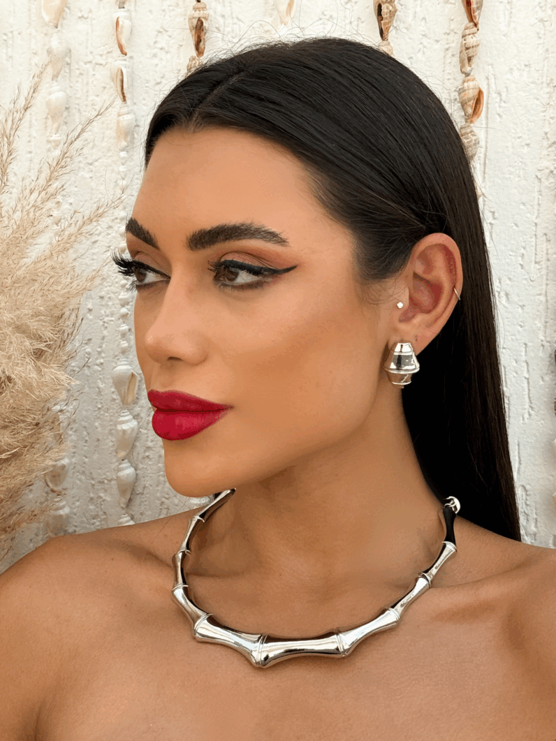 Conjunto Colar e Brinco Folheado a Ouro 18k e Prata Mix Banho Bambu
