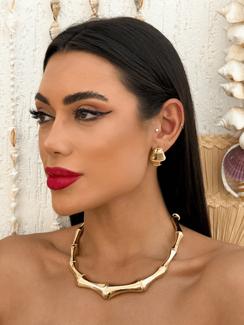 Conjunto Colar e Brinco Folheado a Ouro 18k e Prata Mix Banho Bambu