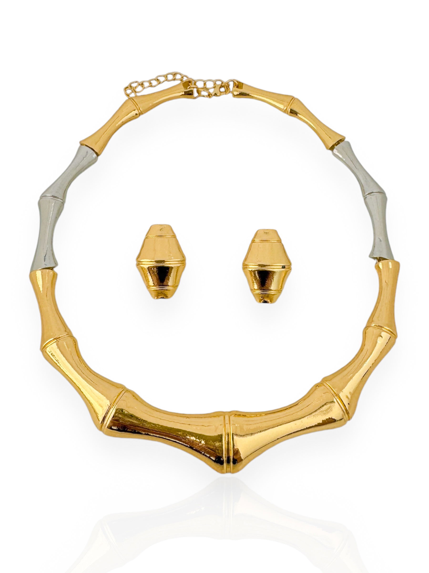 Conjunto Colar e Brinco Folheado a Ouro 18k e Prata Mix Banho Bambu