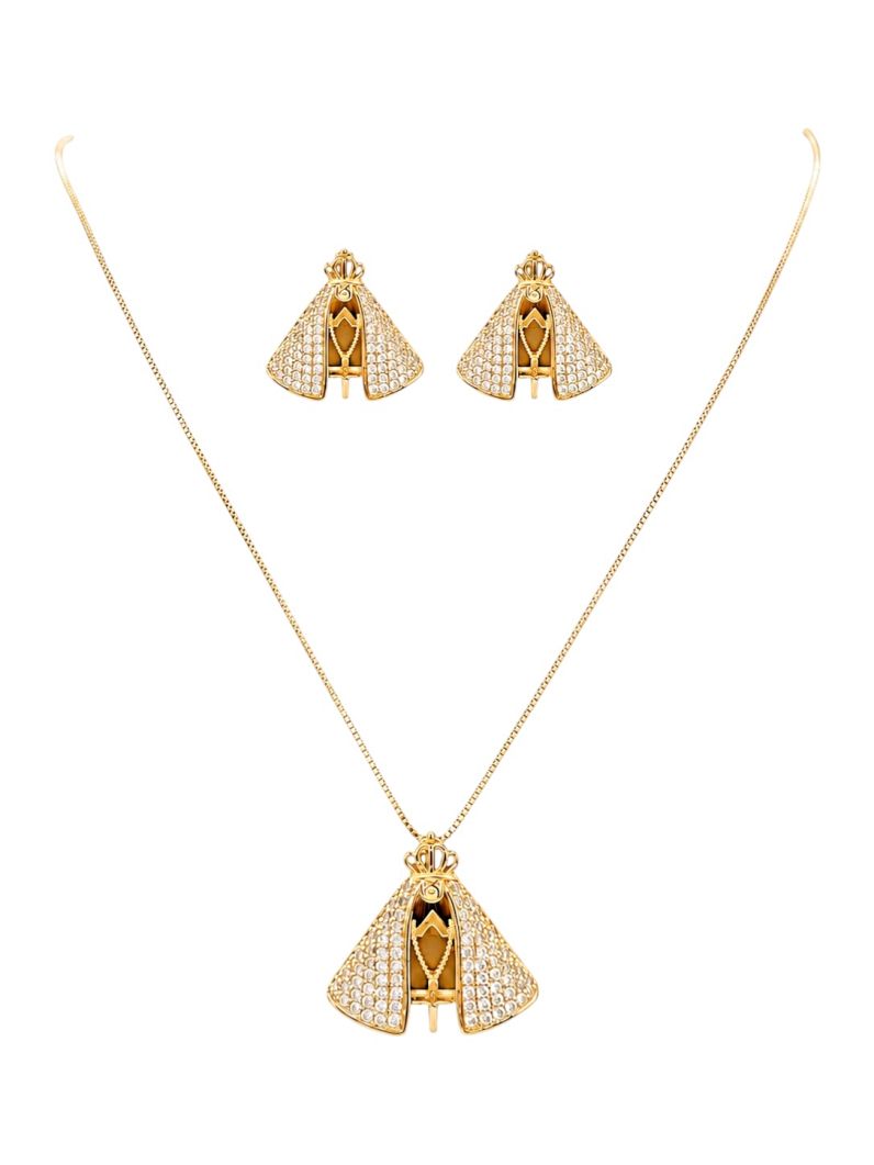 Conjunto Colar e Brinco Folheado a Ouro 18k e Prata Nossa Senhora Cravejado