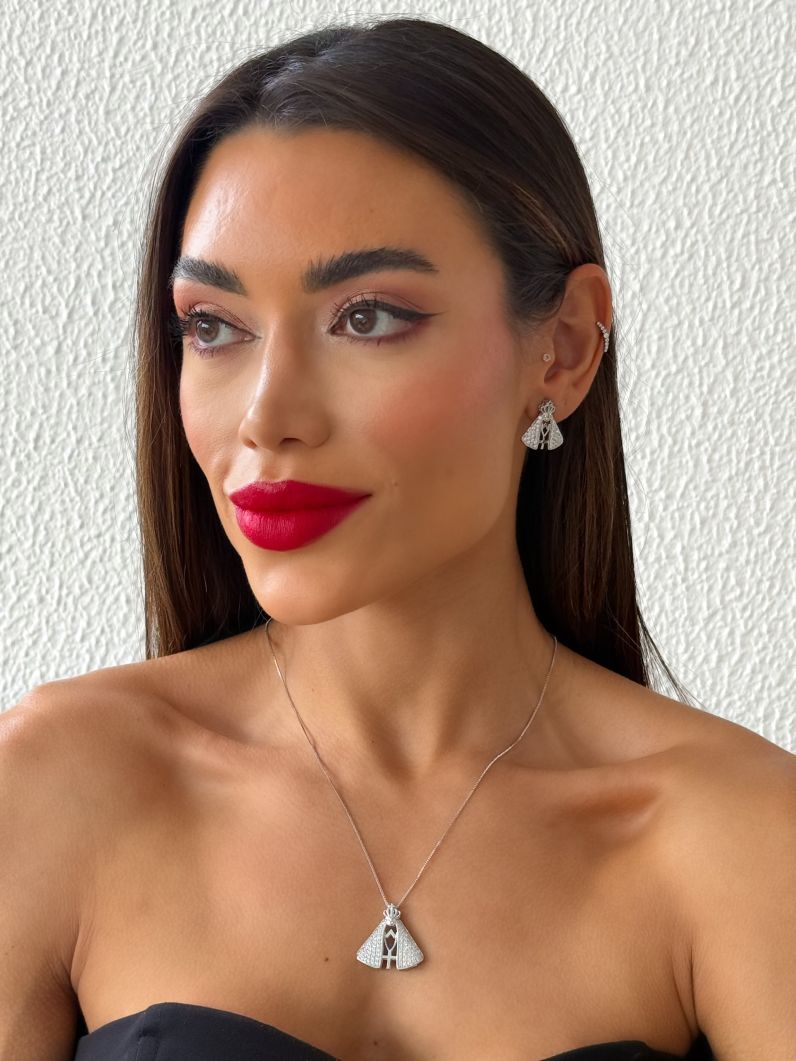 Conjunto Colar e Brinco Folheado a Ouro 18k e Prata Nossa Senhora Cravejado