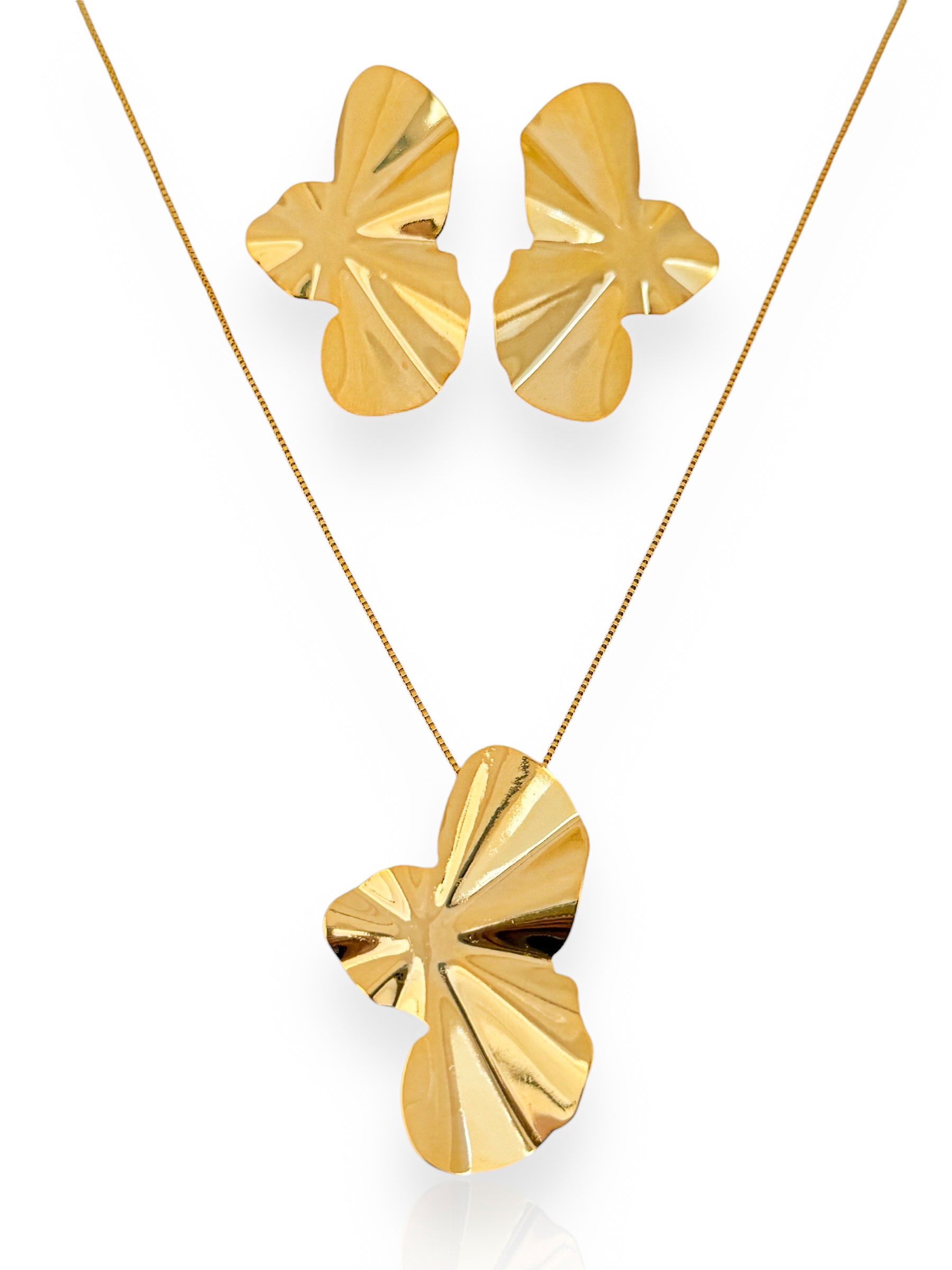Conjunto Colar e Brinco Folheado a Ouro 18k e Prata Orgânico Martelado