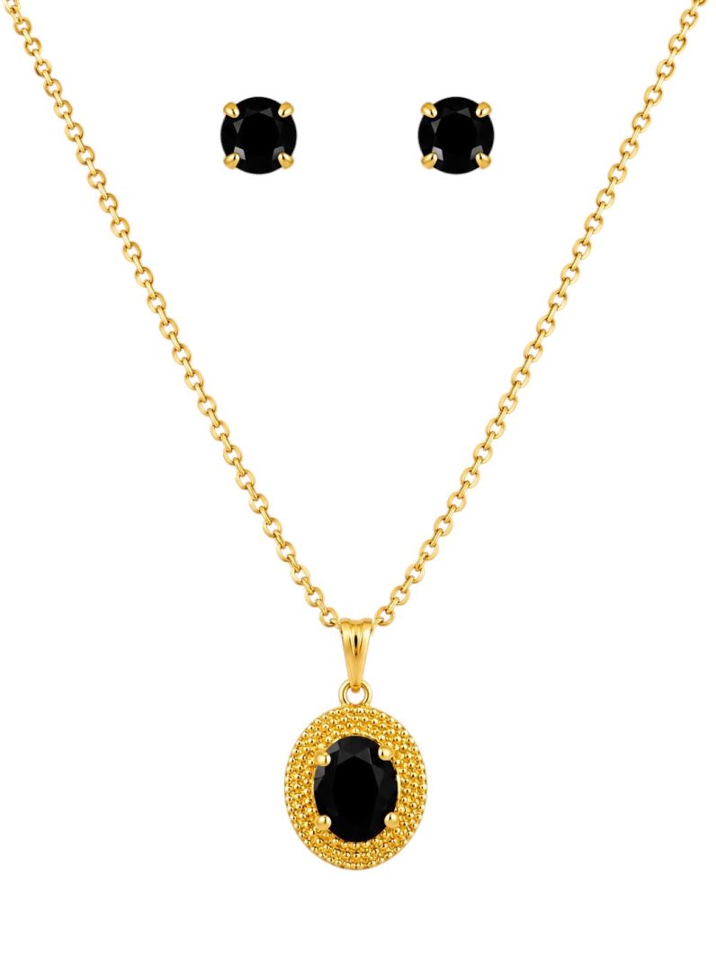 Conjunto Colar e Brinco Folheado a Ouro 18k e Prata Oval Cristal Preto