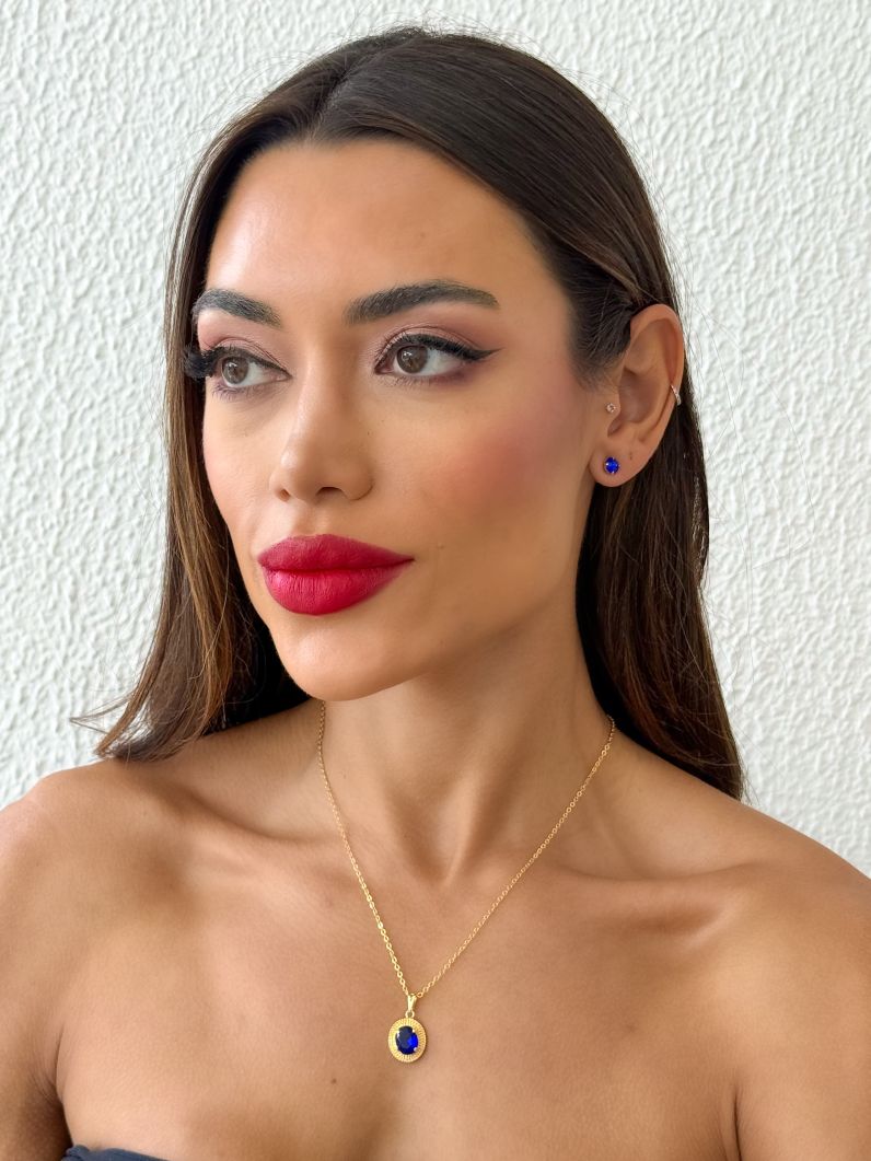 Conjunto Colar e Brinco Folheado a Ouro 18k e Prata Oval Cristal Preto