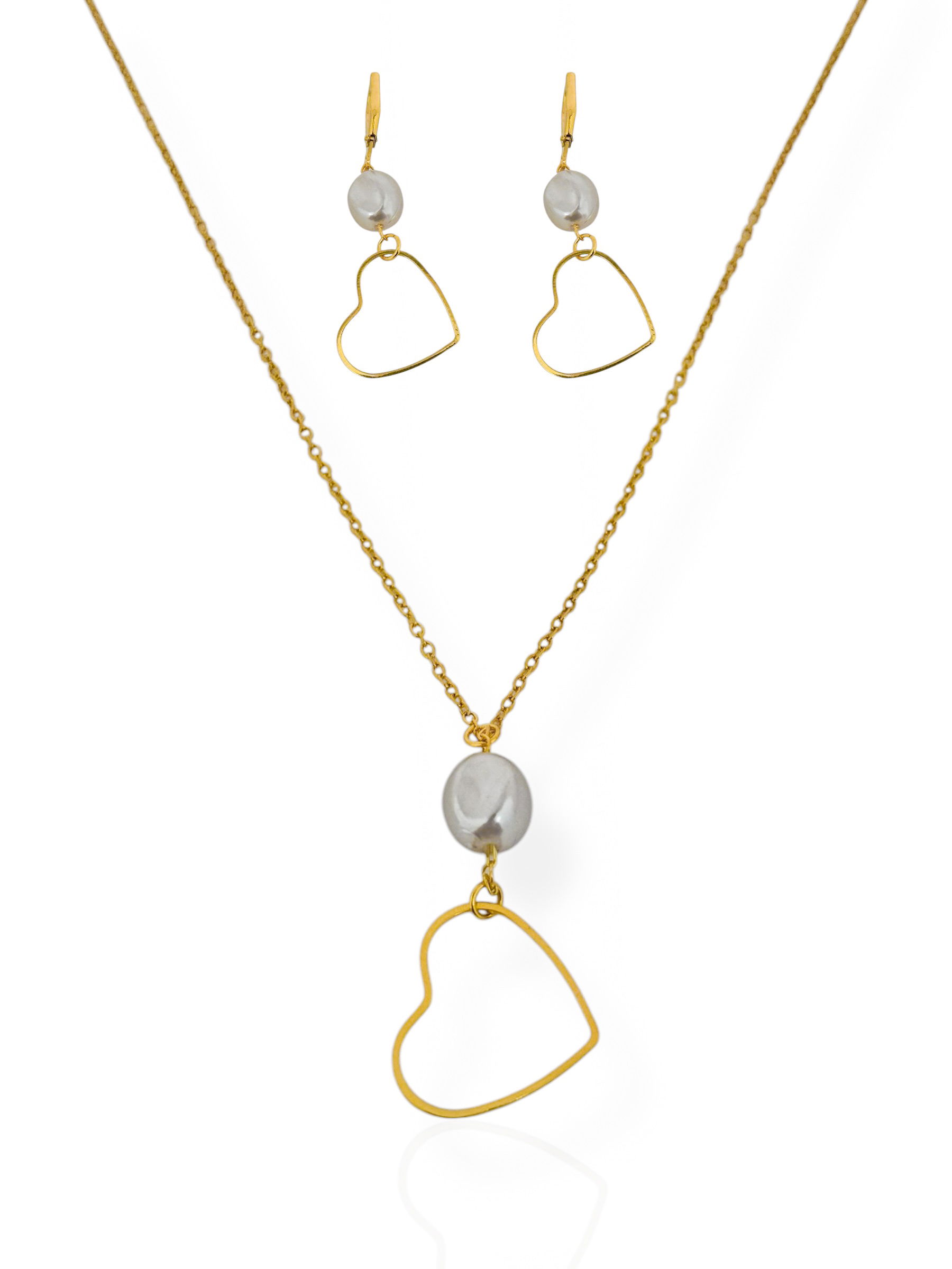Conjunto Colar e Brinco Folheado a Ouro 18k e Prata Pérola Com Coração Vazado