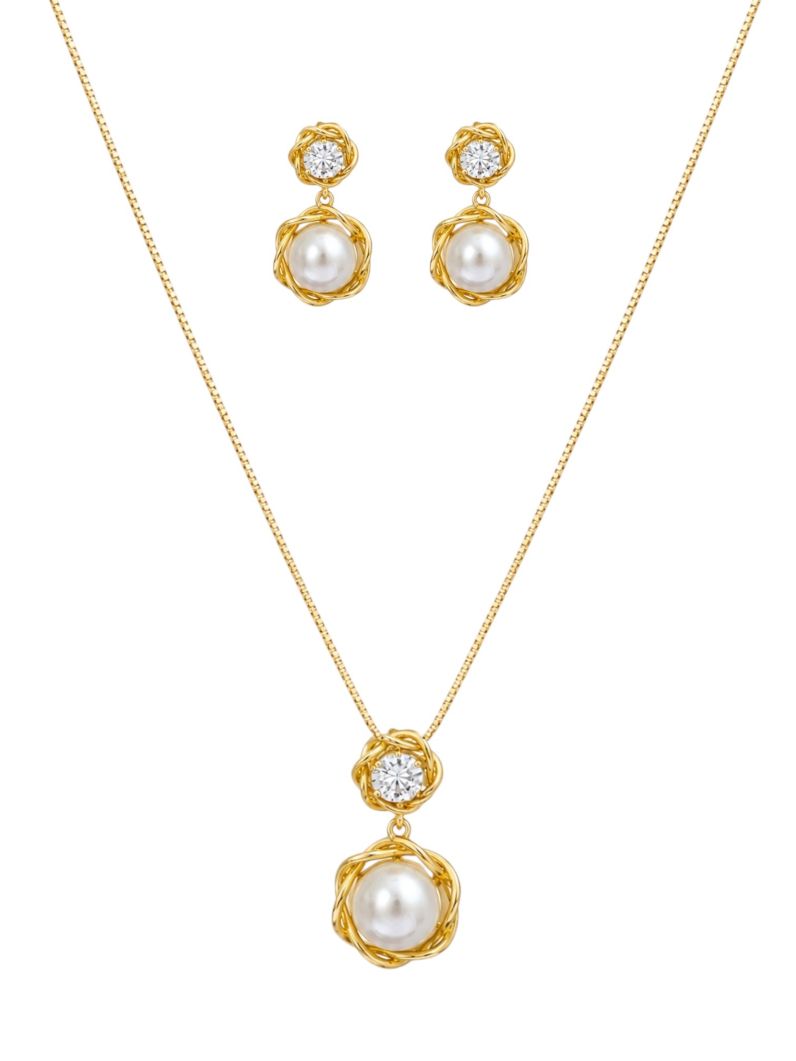 Conjunto Colar e Brinco Folheado a Ouro 18k e Prata Pérola Com Ponteira Ponto de Luz