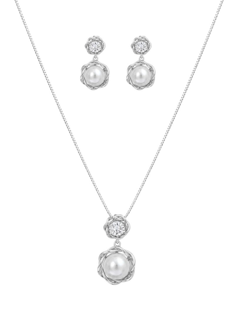Conjunto Colar e Brinco Folheado a Ouro 18k e Prata Pérola Com Ponteira Ponto de Luz