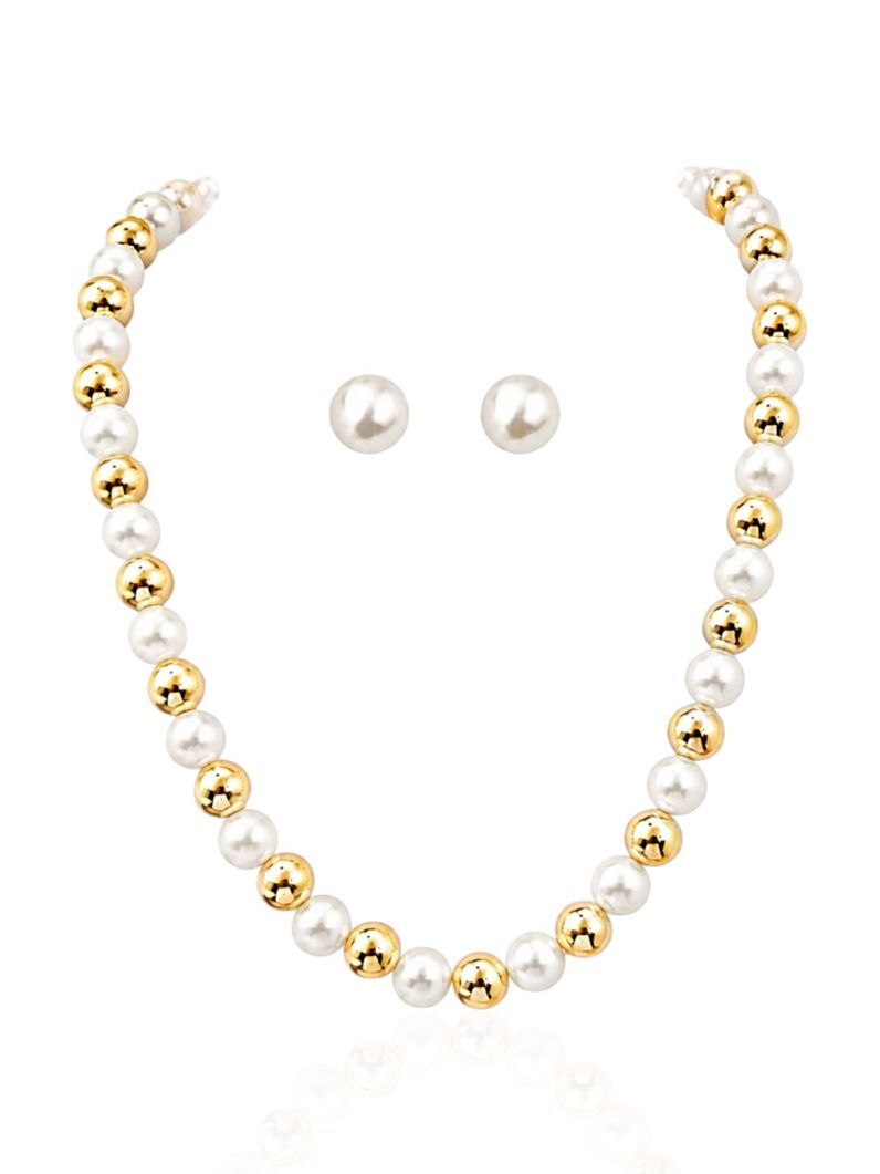 Conjunto Colar e Brinco Folheado a Ouro 18k e Prata Pérolas e Esferas