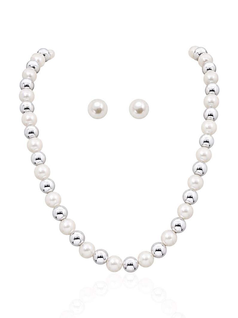 Conjunto Colar e Brinco Folheado a Ouro 18k e Prata Pérolas e Esferas