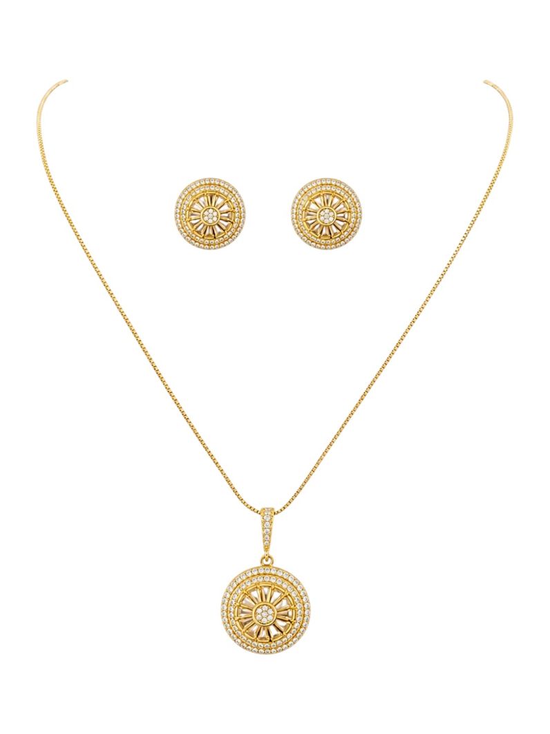 Conjunto Colar e Brinco Folheado a Ouro 18k e Prata Pizza Cravejada