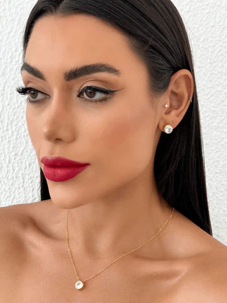 Conjunto Colar e Brinco Folheado a Ouro 18k e Prata Ponto de luz Encapsulada