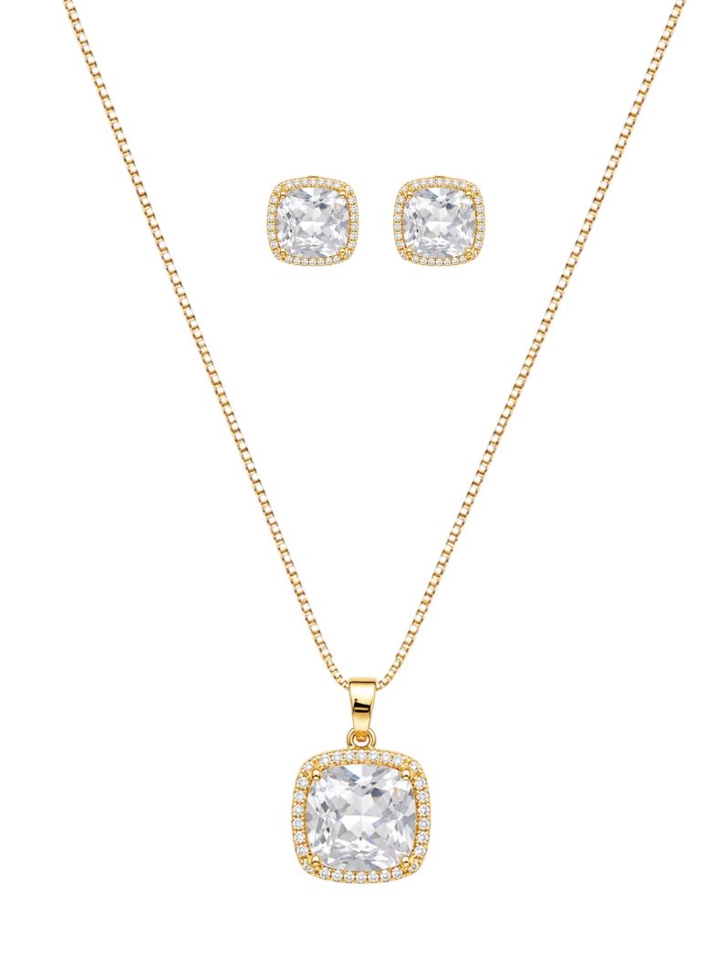 Conjunto Colar e Brinco Folheado a Ouro 18k e Prata Quadrado Com Cristal