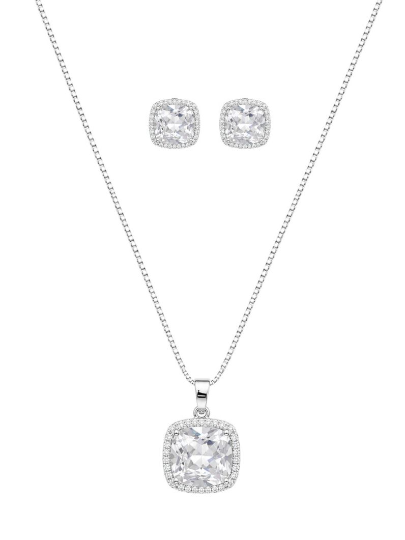 Conjunto Colar e Brinco Folheado a Ouro 18k e Prata Quadrado Com Cristal