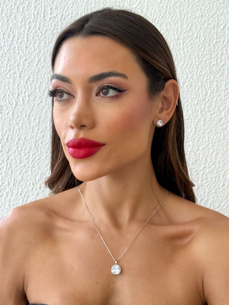 Conjunto Colar e Brinco Folheado a Ouro 18k e Prata Quadrado Com Cristal