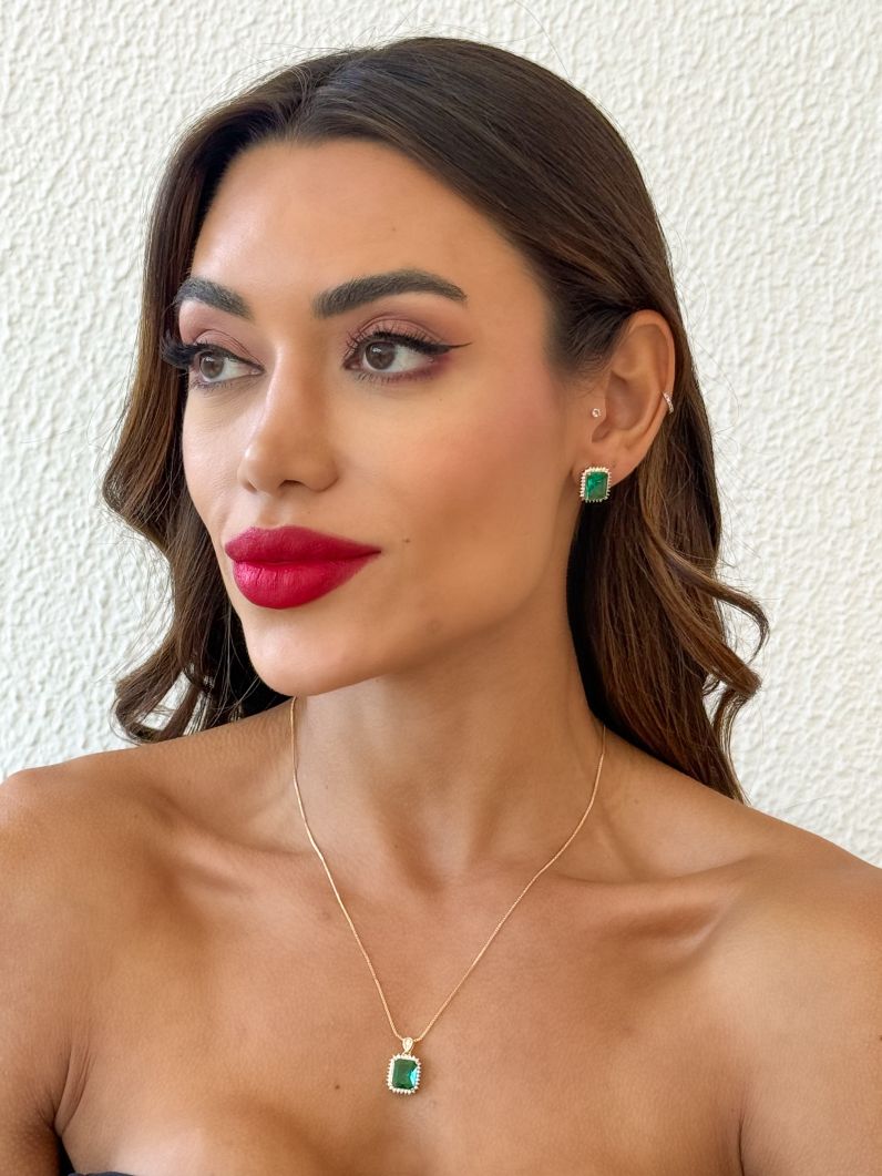 Conjunto Colar e Brinco Folheado a Ouro 18k e Prata Quadrado Cravejado