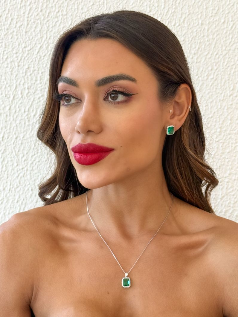 Conjunto Colar e Brinco Folheado a Ouro 18k e Prata Quadrado Cravejado