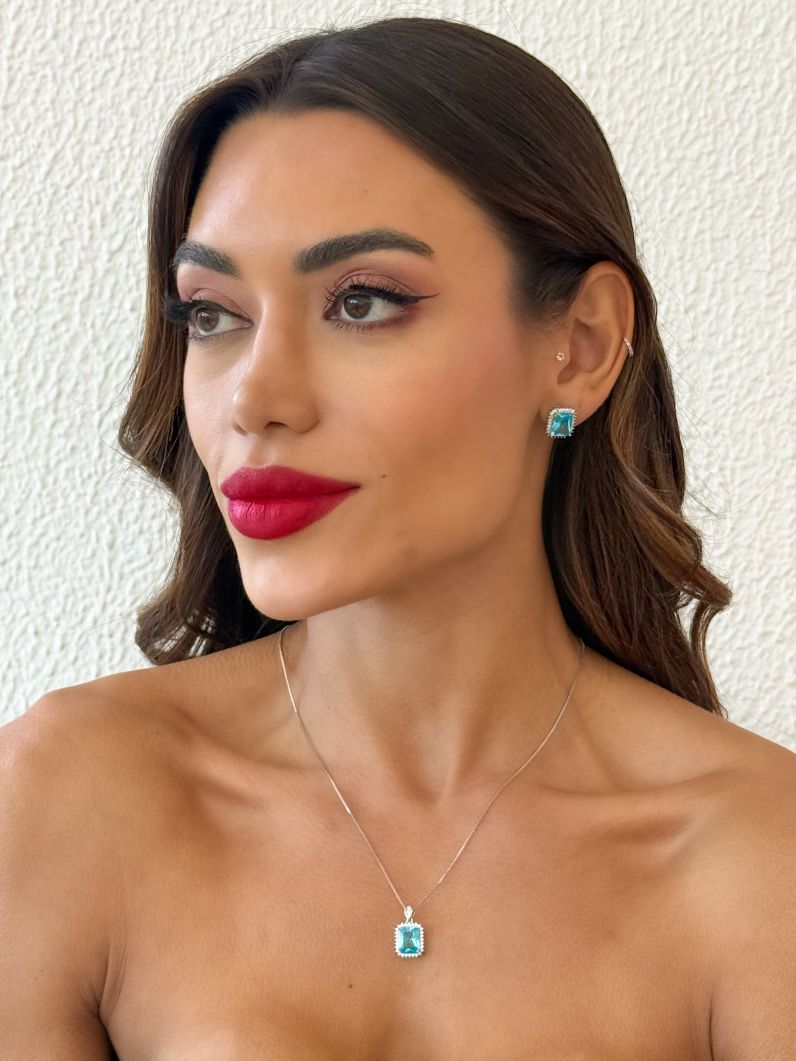 Conjunto Colar e Brinco Folheado a Ouro 18k e Prata Quadrado Cravejado