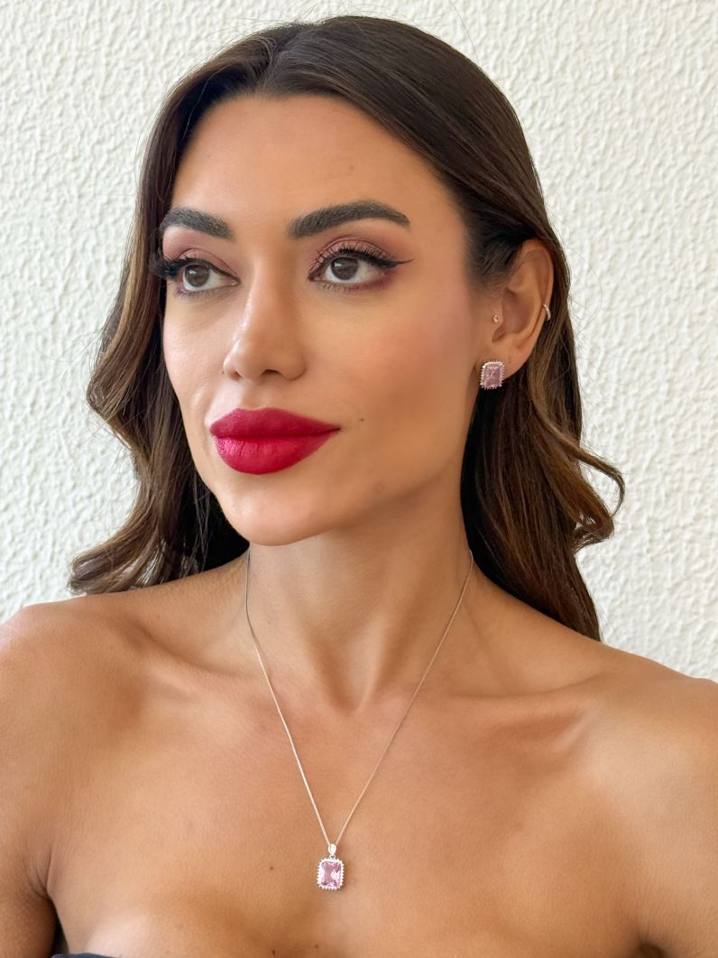 Conjunto Colar e Brinco Folheado a Ouro 18k e Prata Quadrado Cravejado