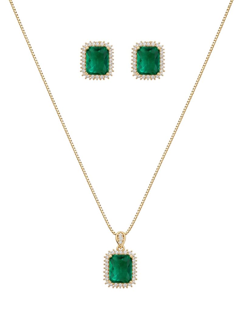 Conjunto Colar e Brinco Folheado a Ouro 18k e Prata Quadrado Cravejado