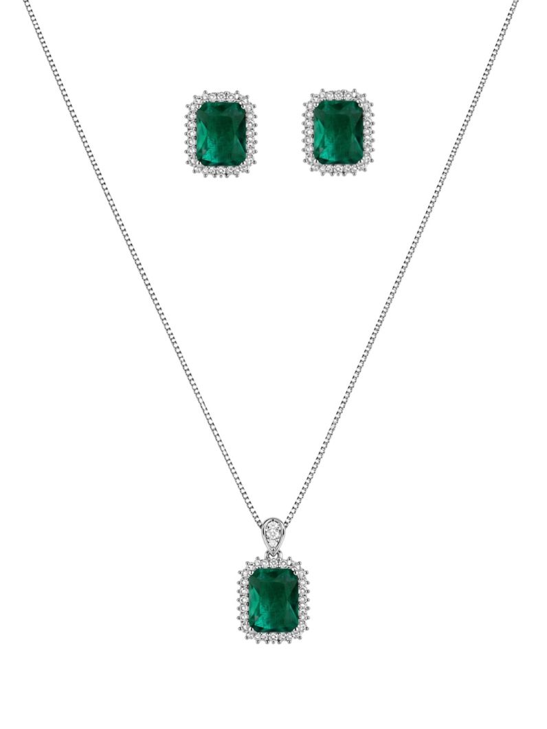 Conjunto Colar e Brinco Folheado a Ouro 18k e Prata Quadrado Cravejado