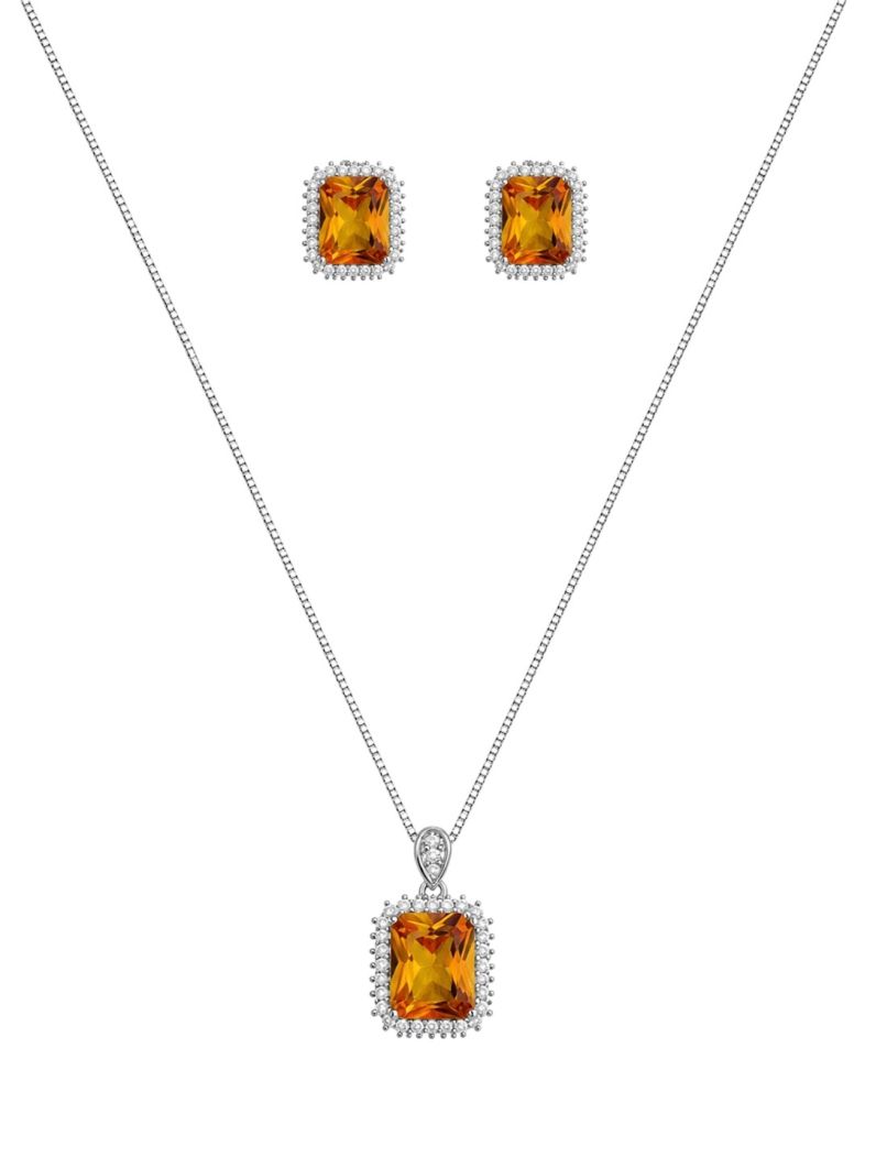 Conjunto Colar e Brinco Folheado a Ouro 18k e Prata Quadrado Cravejado