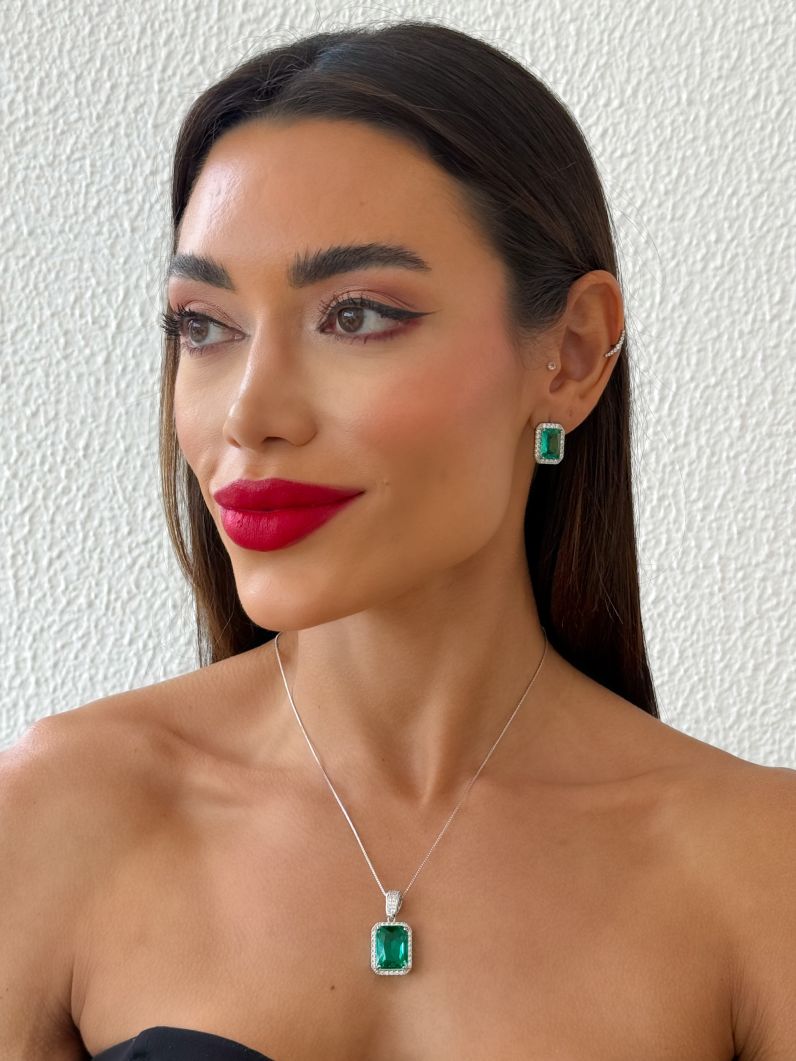 Conjunto Colar e Brinco Folheado a Ouro 18k e Prata Quadrado Cristal Maxi