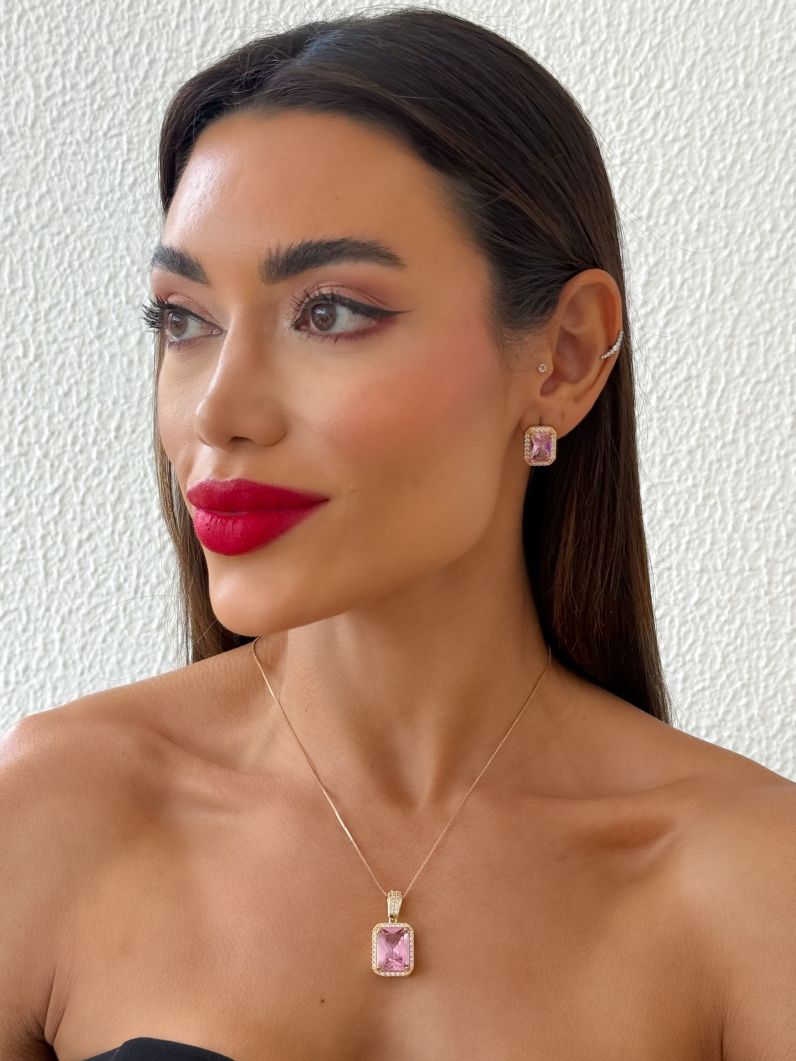 Conjunto Colar e Brinco Folheado a Ouro 18k e Prata Quadrado Cristal Maxi