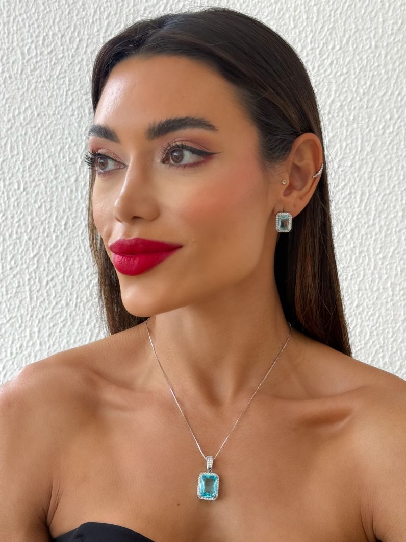 Conjunto Colar e Brinco Folheado a Ouro 18k e Prata Quadrado Cristal Maxi