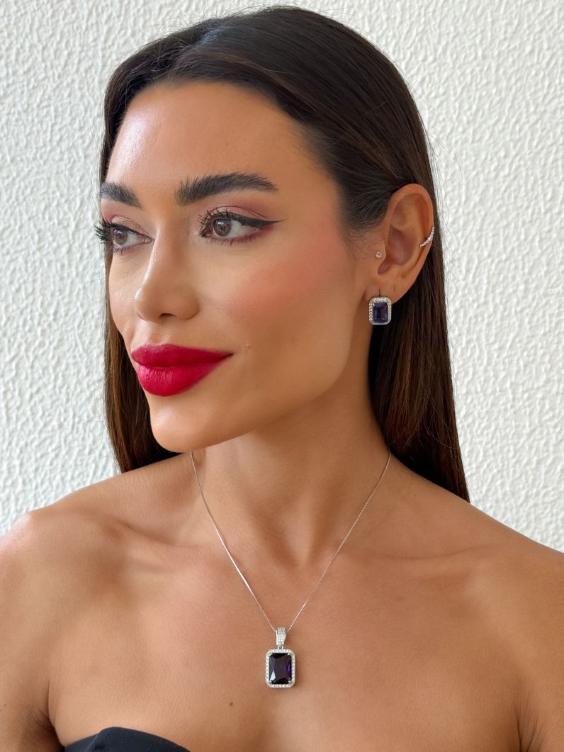 Conjunto Colar e Brinco Folheado a Ouro 18k e Prata Quadrado Cristal Maxi