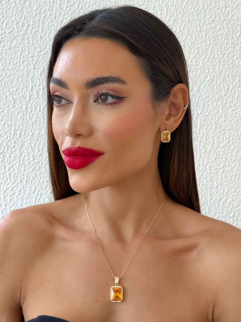 Conjunto Colar e Brinco Folheado a Ouro 18k e Prata Quadrado Cristal Maxi
