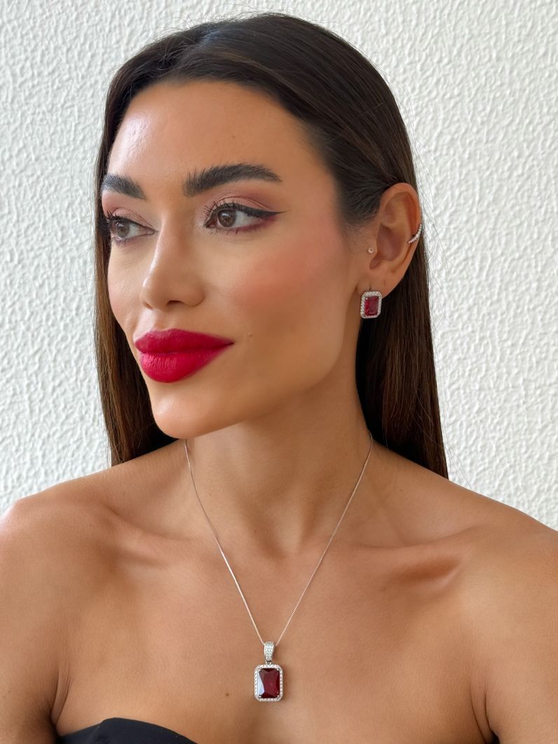 Conjunto Colar e Brinco Folheado a Ouro 18k e Prata Quadrado Cristal Maxi