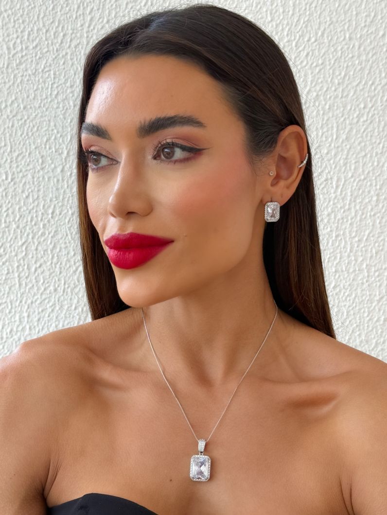 Conjunto Colar e Brinco Folheado a Ouro 18k e Prata Quadrado Cristal Maxi