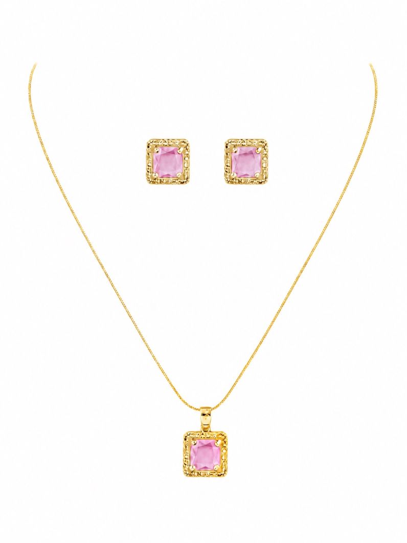 Conjunto Colar e Brinco Folheado a Ouro 18k e Prata Quadrado Cristal Maxi
