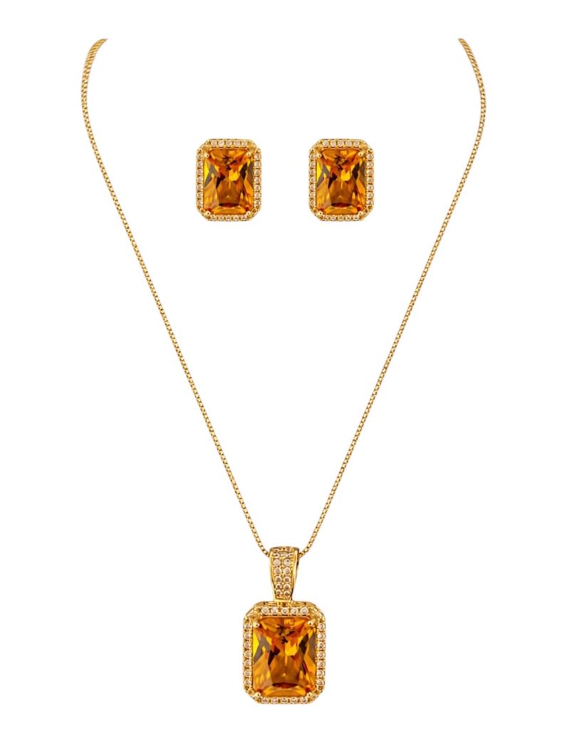 Conjunto Colar e Brinco Folheado a Ouro 18k e Prata Quadrado Cristal Maxi