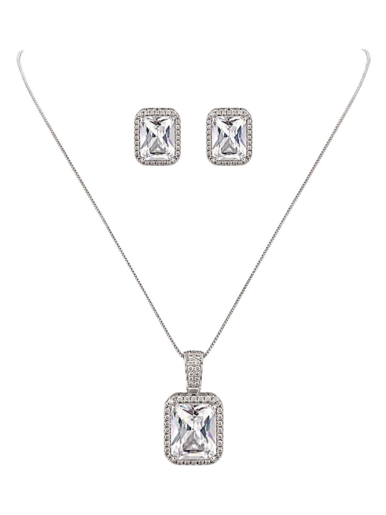 Conjunto Colar e Brinco Folheado a Ouro 18k e Prata Quadrado Cristal Maxi