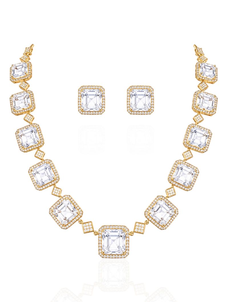 Conjunto Colar e Brinco Folheado a Ouro 18k e Prata Quadrados Cravejados