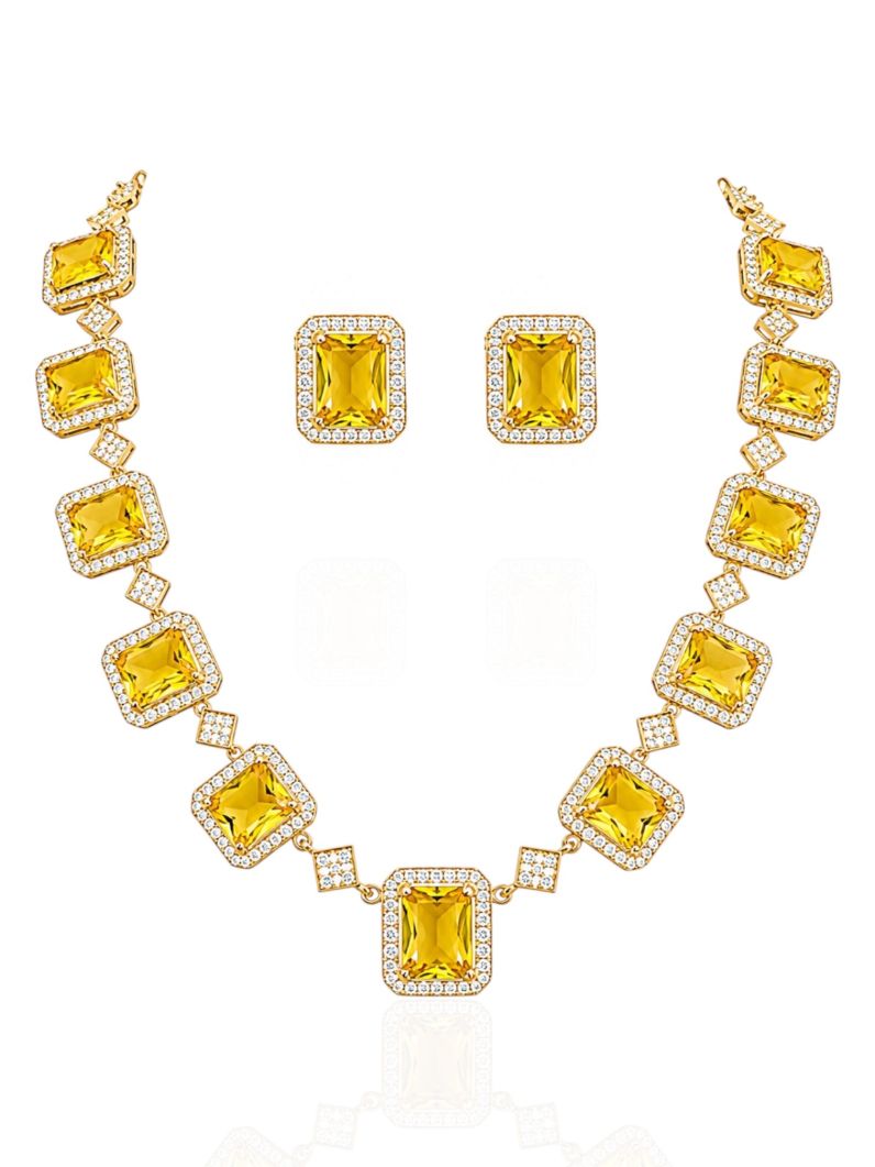 Conjunto Colar e Brinco Folheado a Ouro 18k e Prata Quadrados Cravejados