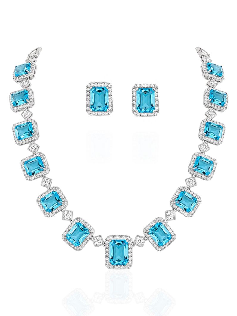 Conjunto Colar e Brinco Folheado a Ouro 18k e Prata Quadrados Cravejados