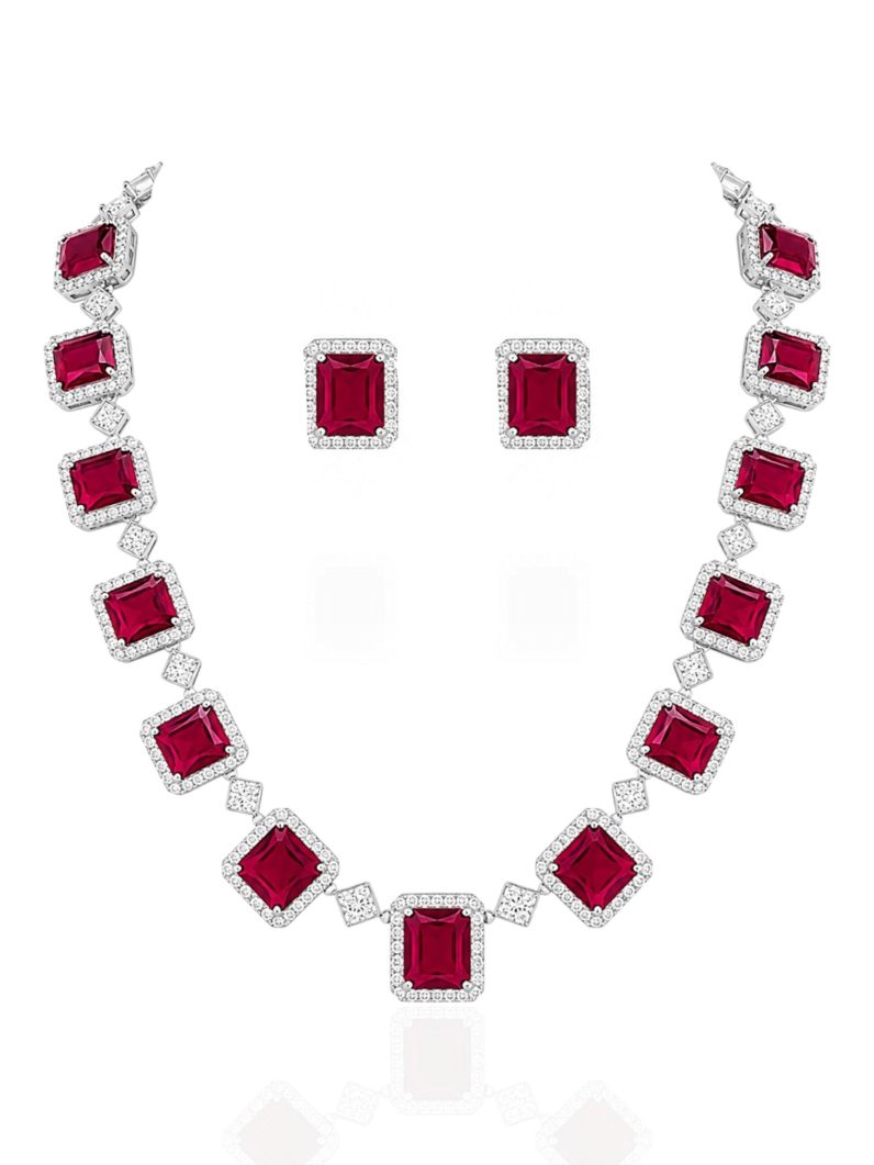 Conjunto Colar e Brinco Folheado a Ouro 18k e Prata Quadrados Cravejados