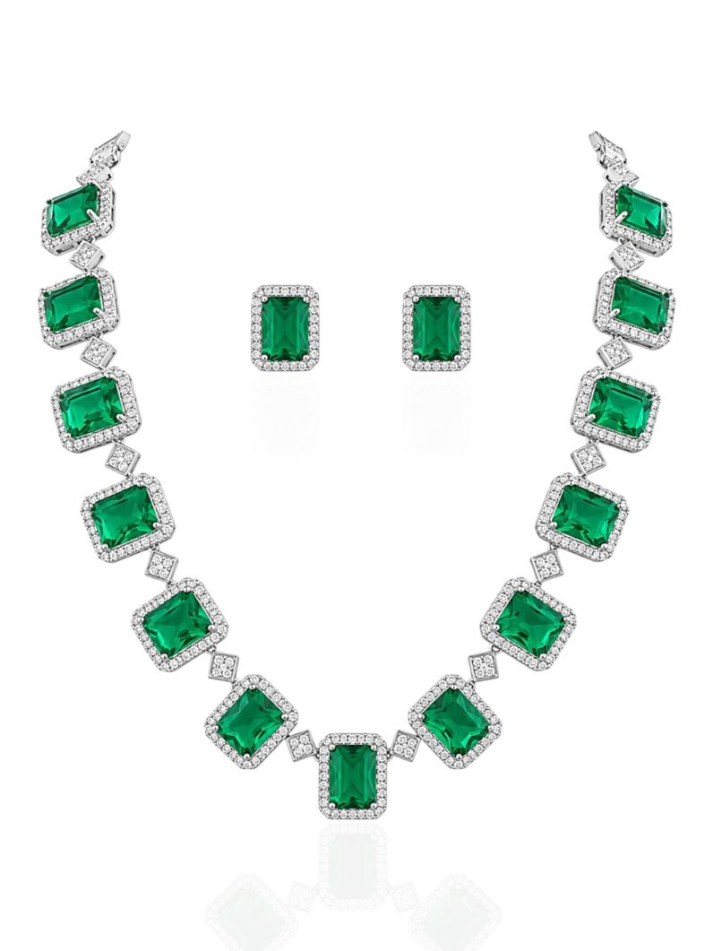 Conjunto Colar e Brinco Folheado a Ouro 18k e Prata Quadrados Cravejados