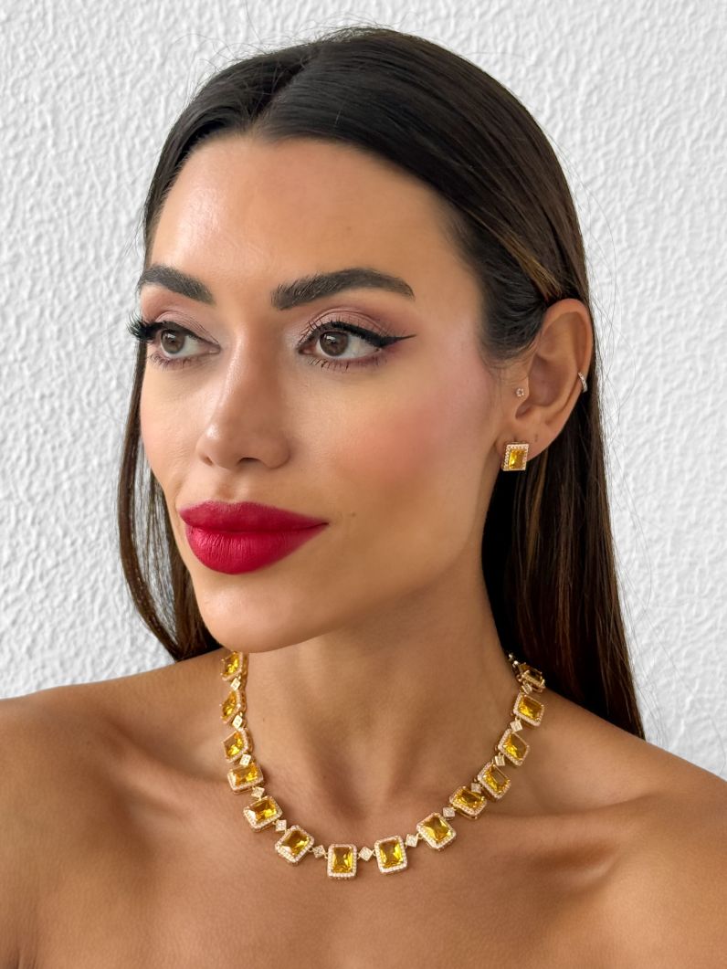Conjunto Colar e Brinco Folheado a Ouro 18k e Prata Quadrados Cravejados