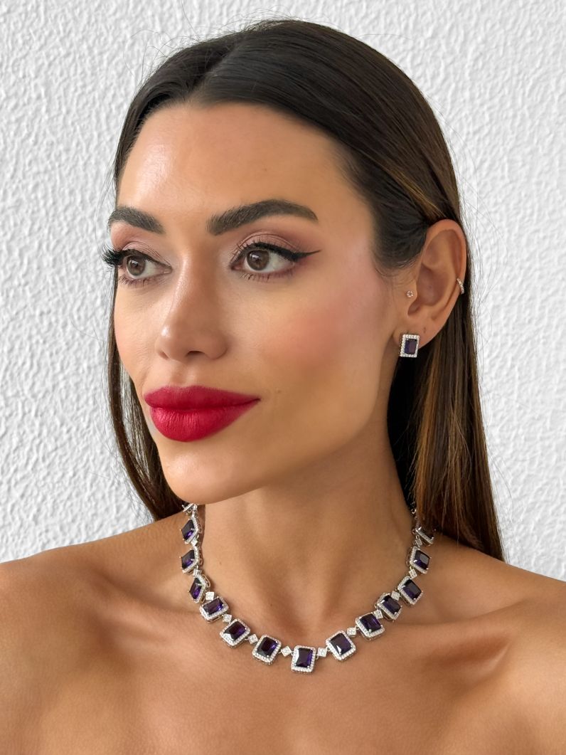 Conjunto Colar e Brinco Folheado a Ouro 18k e Prata Quadrados Cravejados