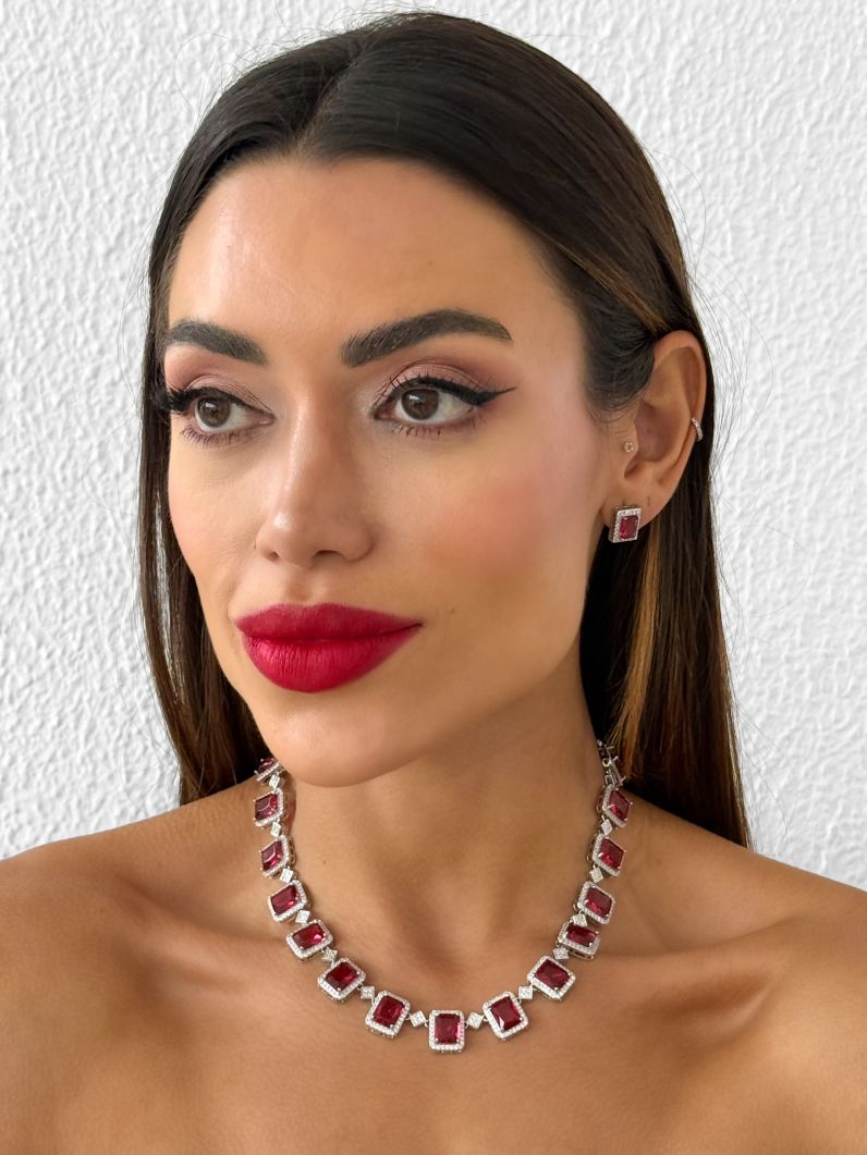 Conjunto Colar e Brinco Folheado a Ouro 18k e Prata Quadrados Cravejados
