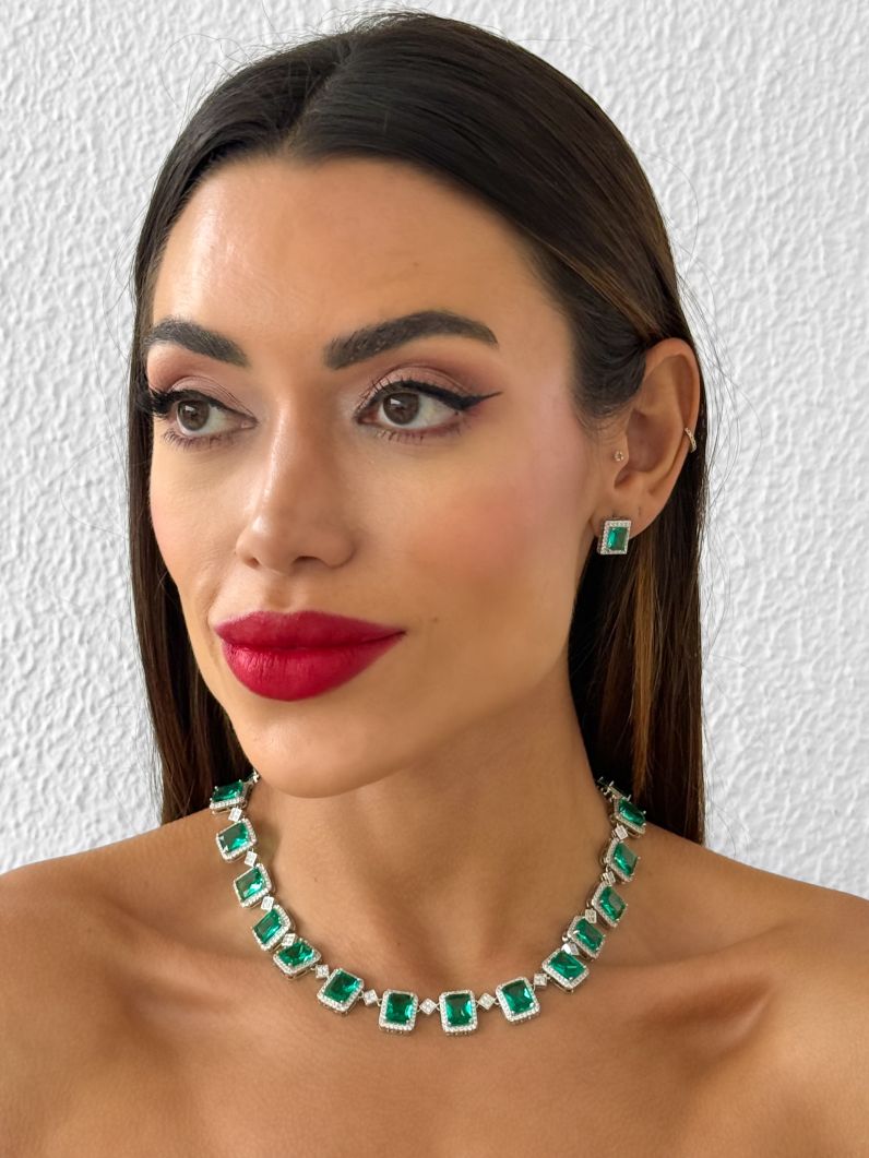 Conjunto Colar e Brinco Folheado a Ouro 18k e Prata Quadrados Cravejados