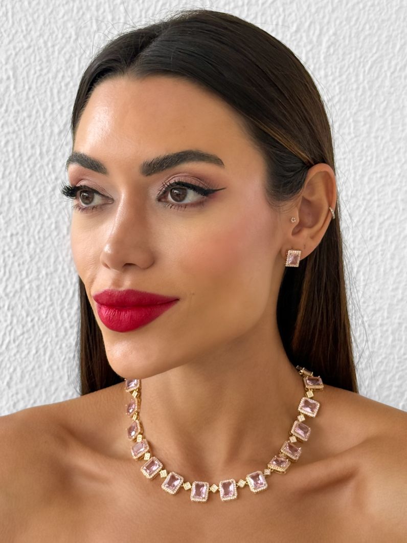 Conjunto Colar e Brinco Folheado a Ouro 18k e Prata Quadrados Cravejados