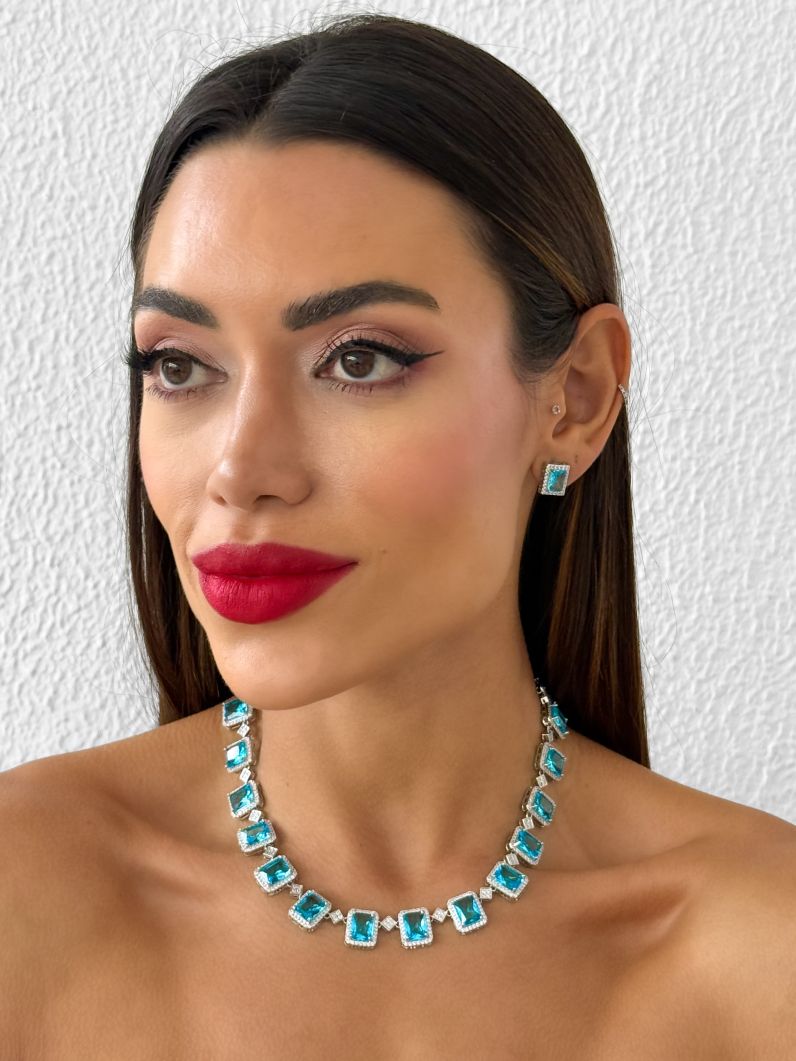 Conjunto Colar e Brinco Folheado a Ouro 18k e Prata Quadrados Cravejados