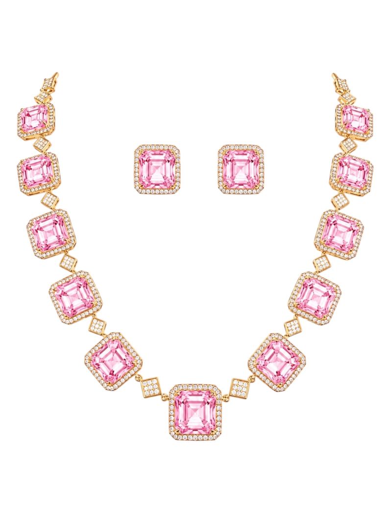 Conjunto Colar e Brinco Folheado a Ouro 18k e Prata Quadrados Cravejados
